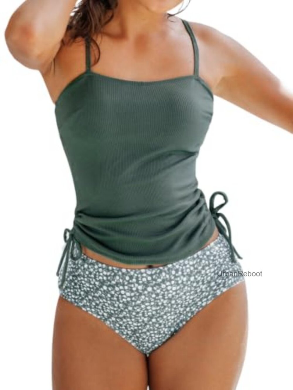 Ribbed Ruched Drawstring Tankini Set High Waisted Removable Cups